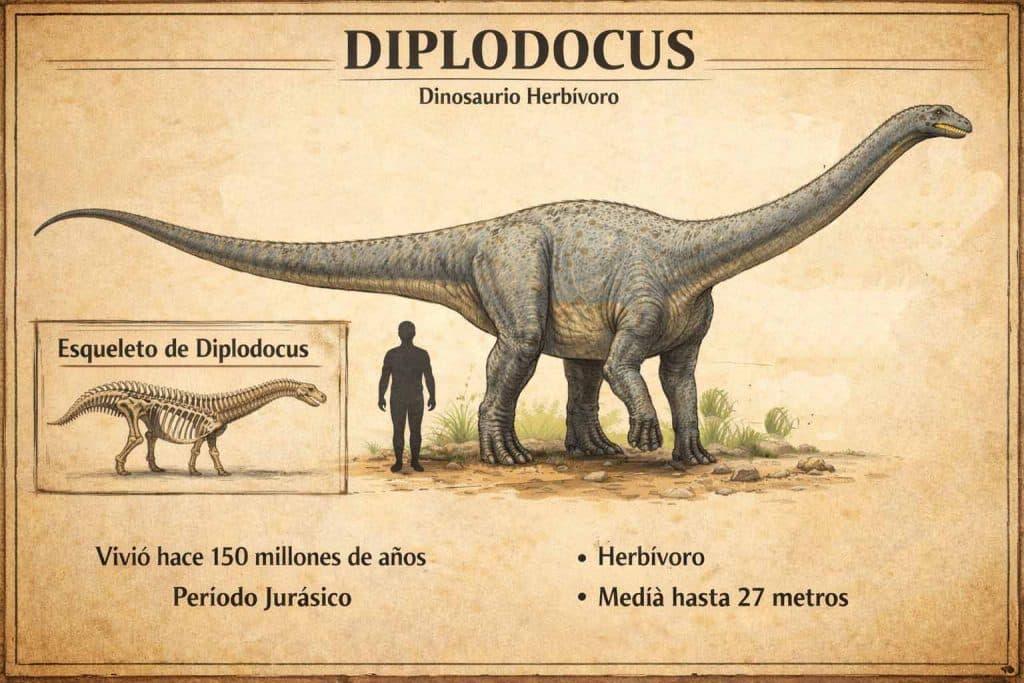 Diplodocus dinosaurio herbívoro de cuello largo ilustración educativa