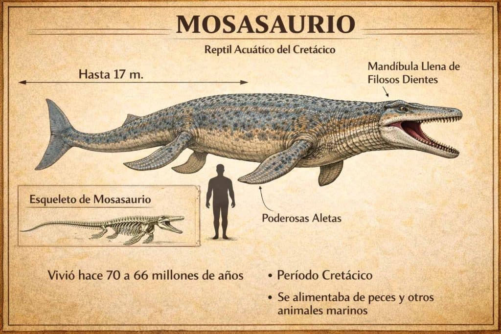 Mosasaurus reptil marino gigante nadando ilustración educativa