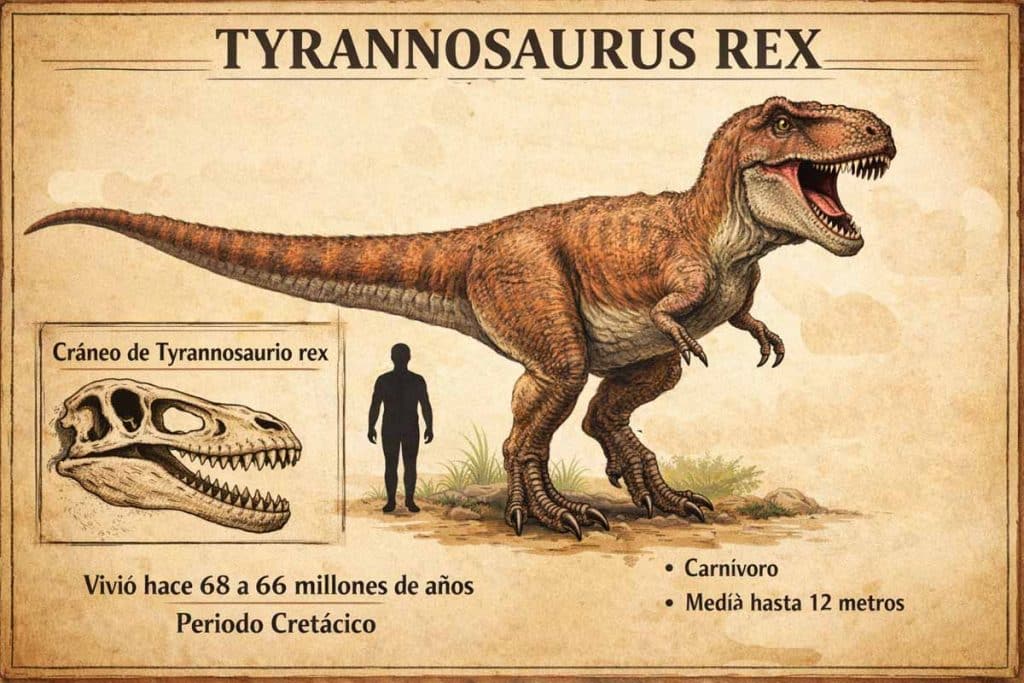 El Tyrannosaurus rex fue un dinosaurio carnívoro del periodo cretácico. Ilustración educativa