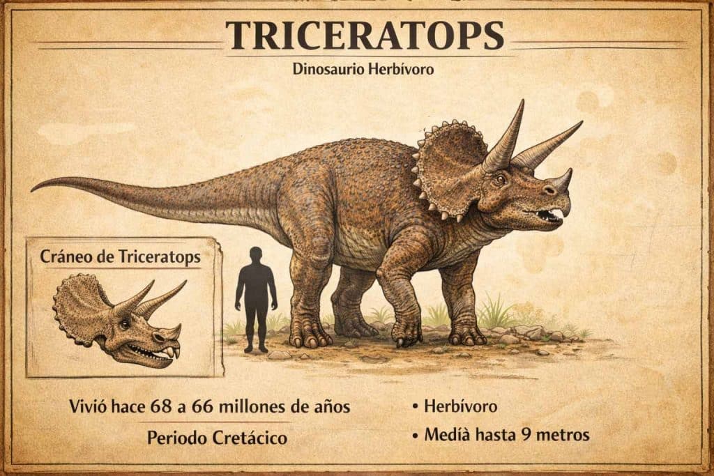 Triceratops dinosaurio herbívoro con tres cuernos ilustración educativa