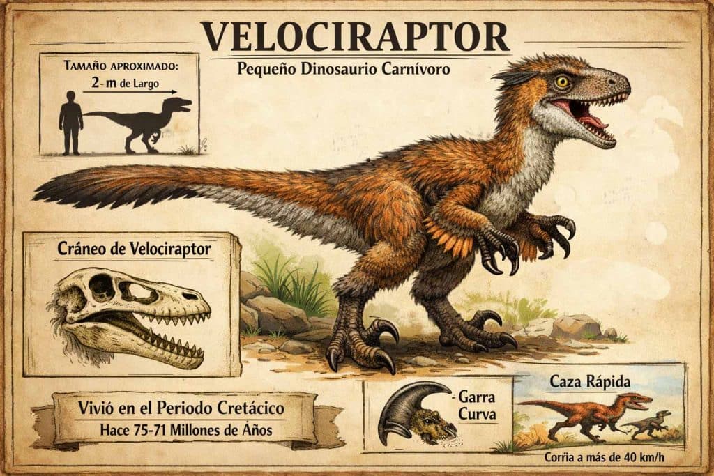 Velociraptor pequeño dinosaurio carnívoro con plumas ilustración educativa
